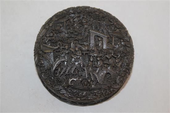 A Chinese export tortoiseshell circular snuff box, 19th century, 9.7cm, restorations
